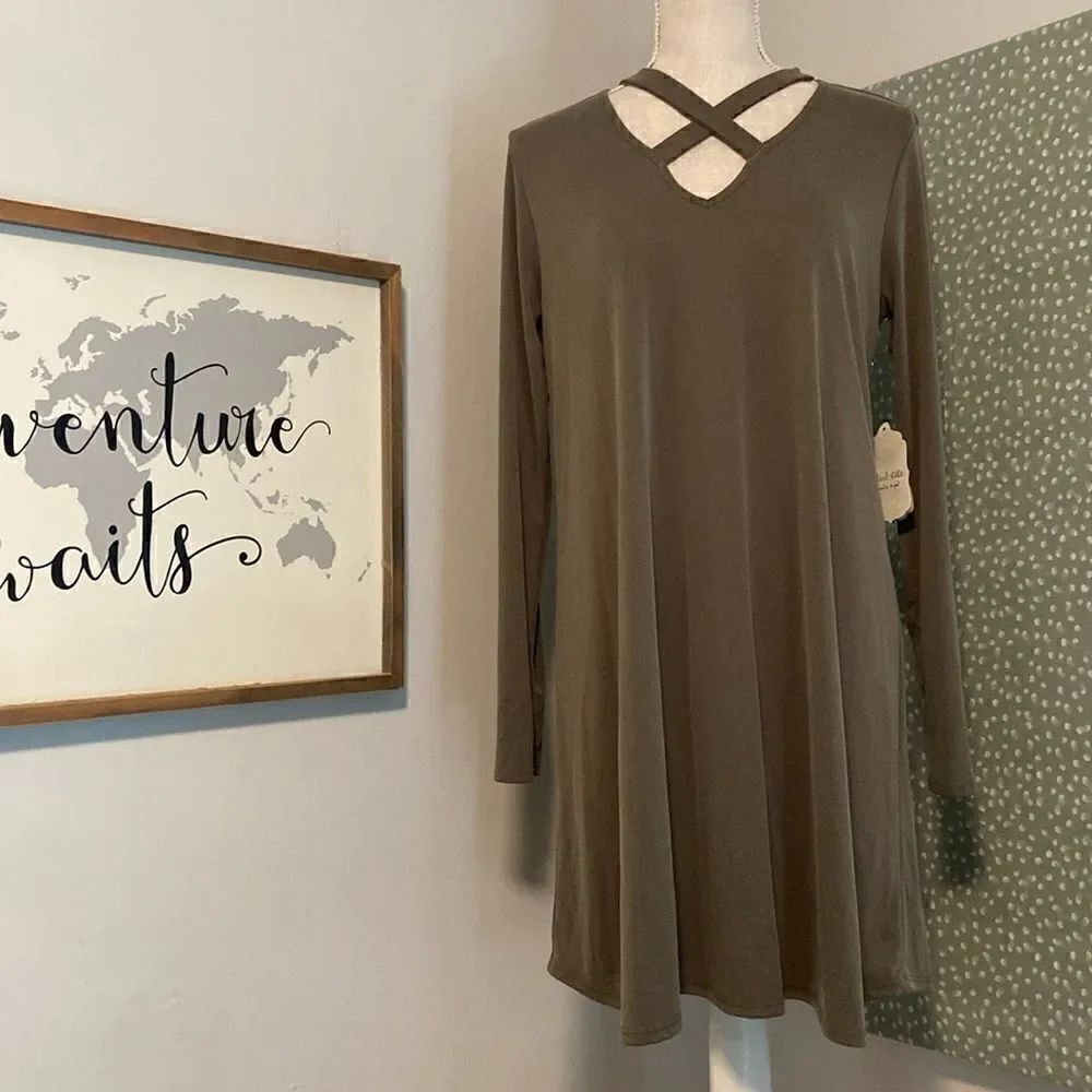Altar'd State Olive Green Long Sleeve Ribbed Lattice Front Mini Dress Sz M NEW